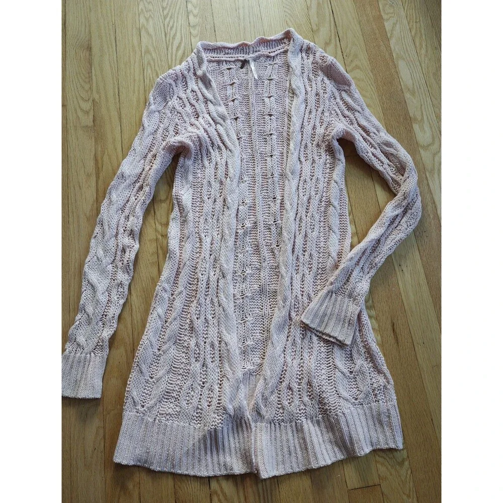 Free People Pink Cable Knit Cardigan Sweater Women's XS Cozy Boho Chunky Knit